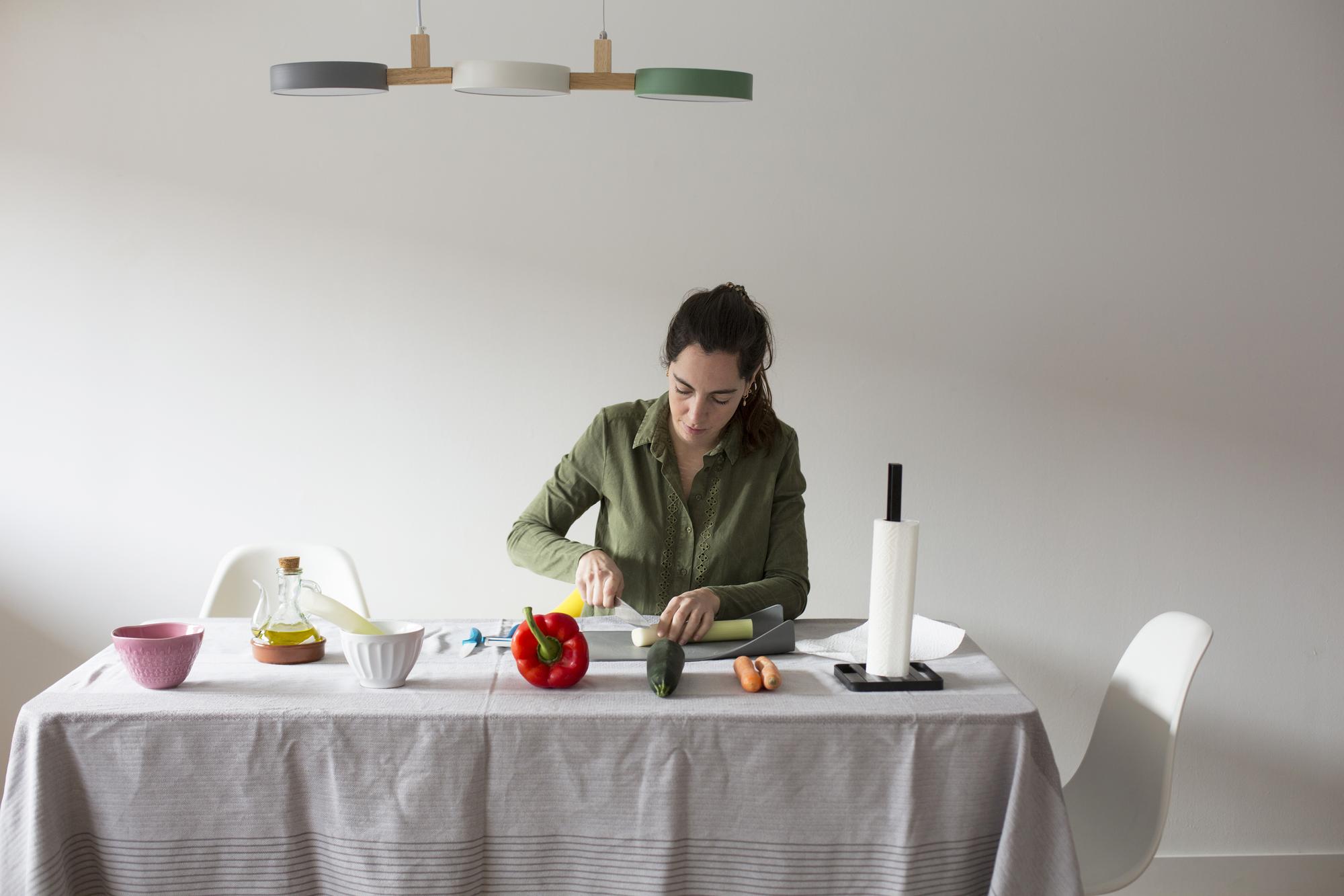 Interior of small test kitchen with prep table
