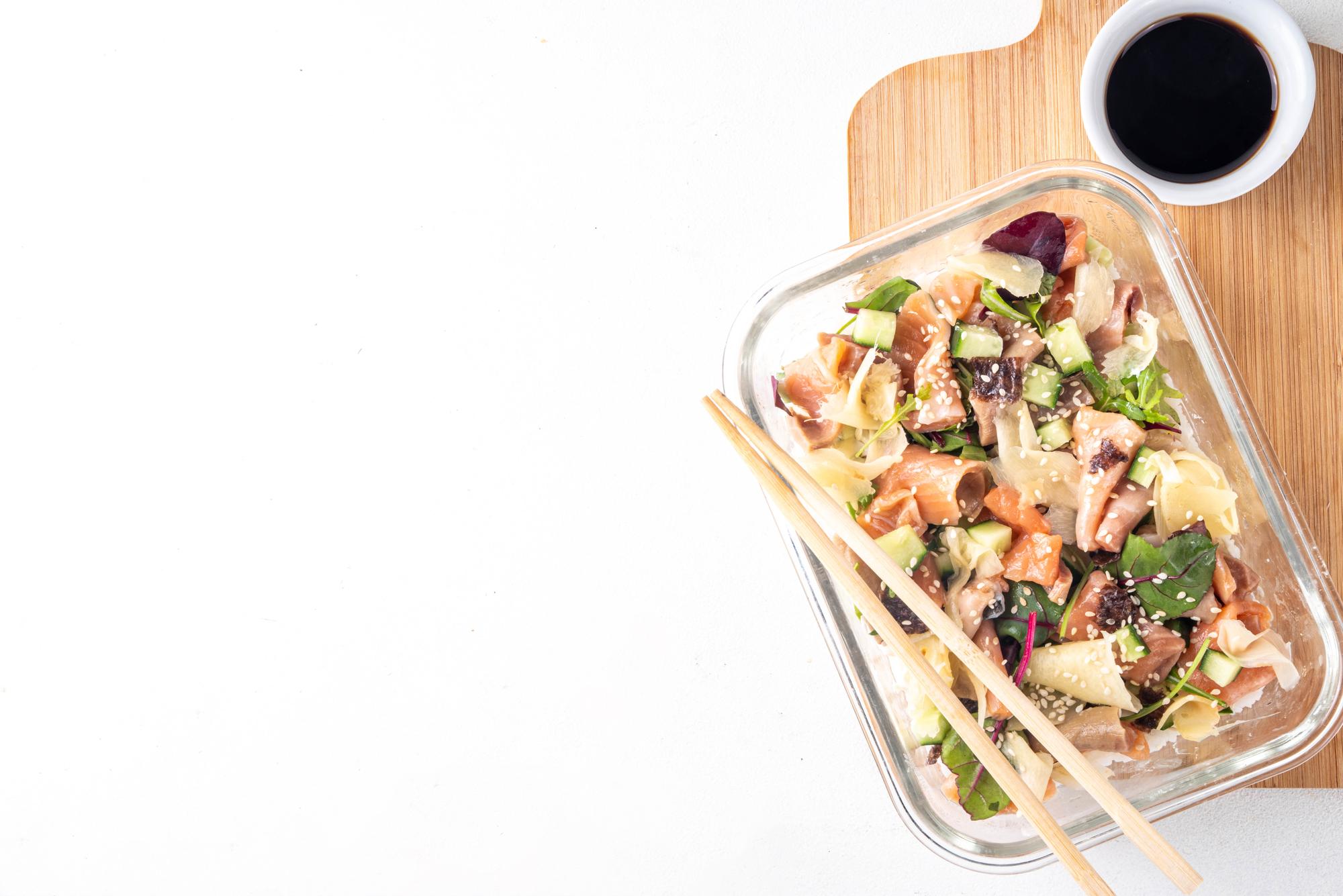 Tray of ready-to-serve bento style meals