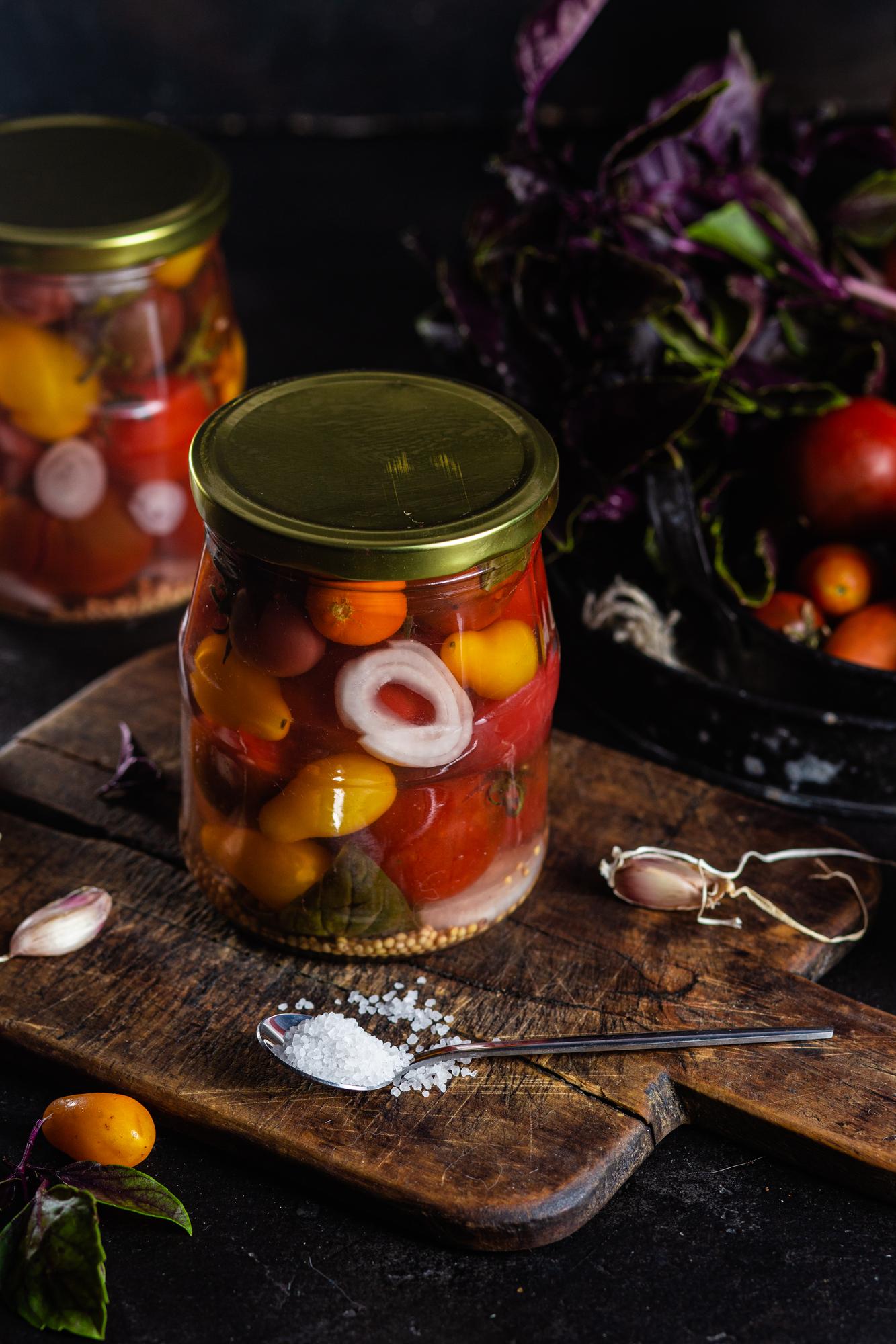 Close-up of preserved vegetables jar with label
