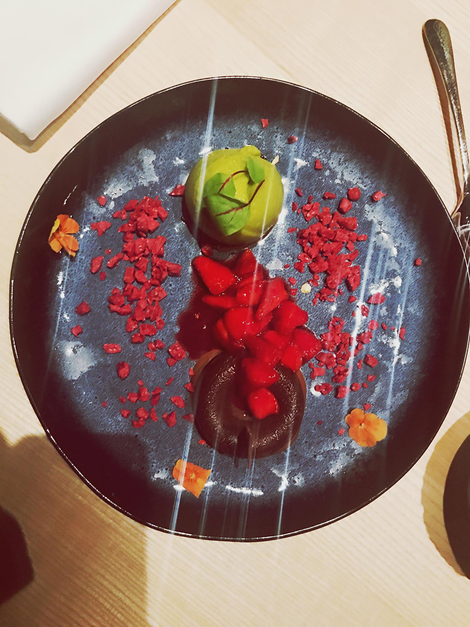 Overhead of plated seasonal dish with clean styling
